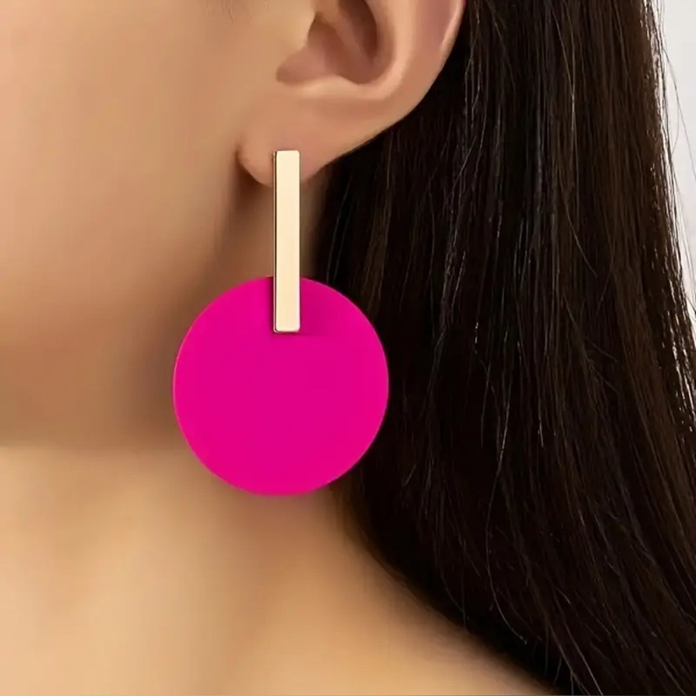 Geometric Earrings Hot Pink Statement Gold Tone Hypoallergenic